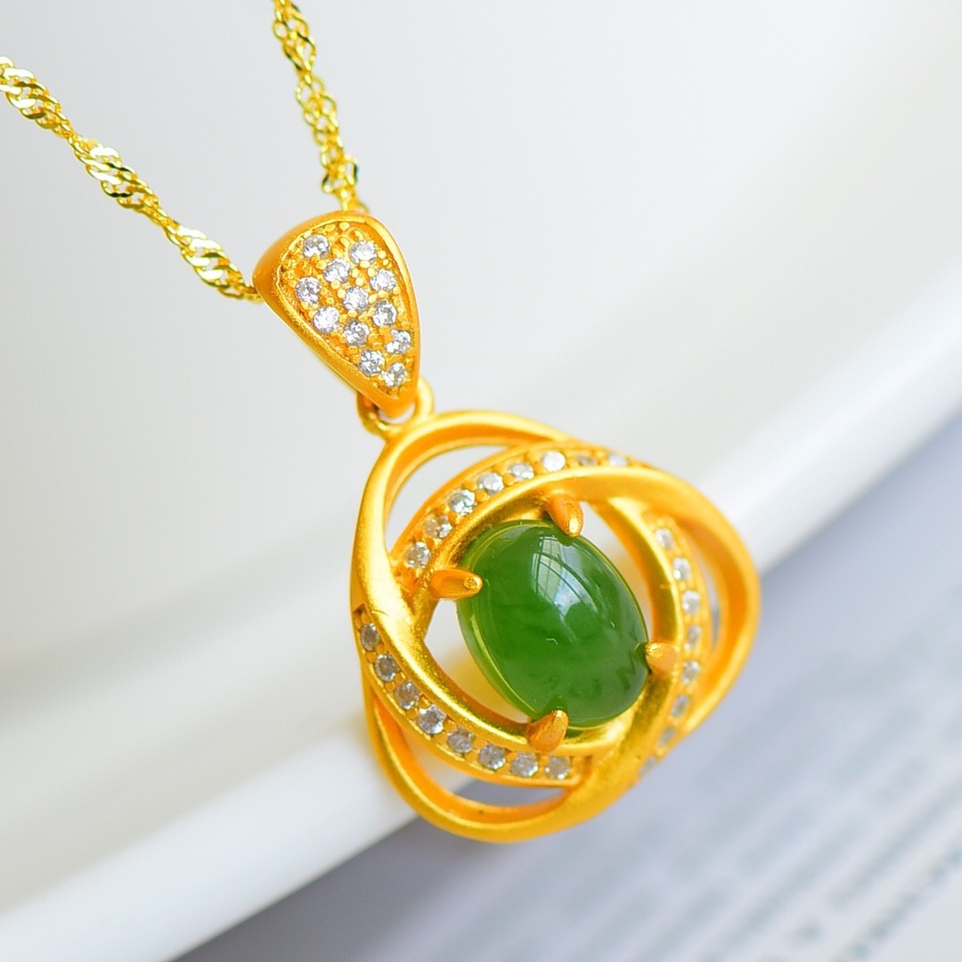 S925 Silver Gold Plated Green Jade Oval Pendant Necklace Swirl CZ