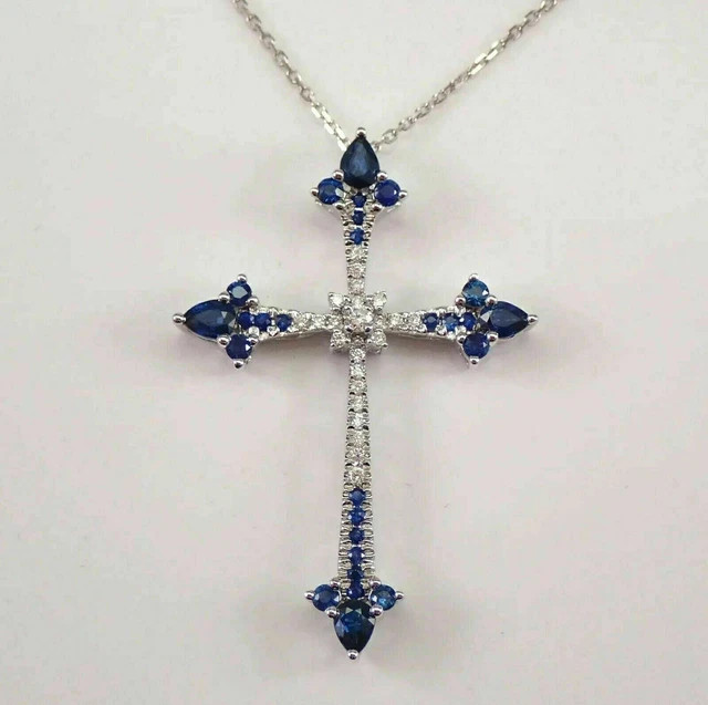 2Ct PearRound Lab-Created Sapphire Diamond Cross Pendant 14K White Gold Plated