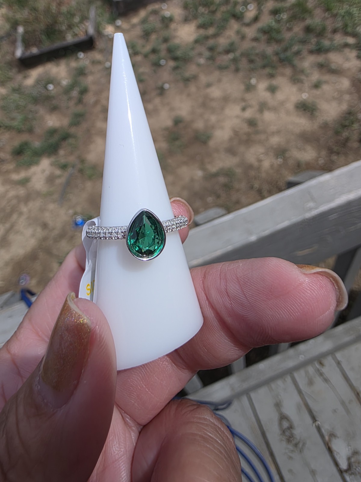 Lab-Created Pear Green Emerald & Diamond 925 Sterling Silver Bezel Ring 7