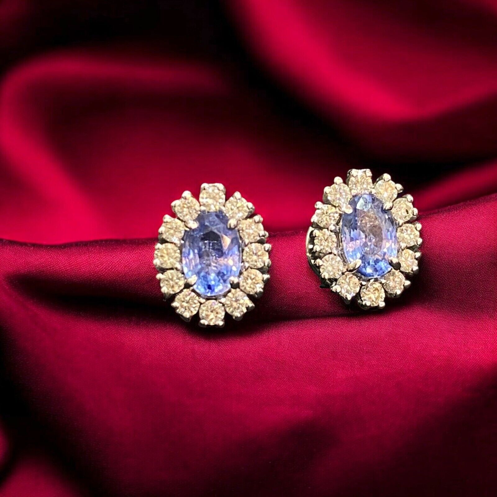 1.85 Cts Round Brilliant Cut Diamond Blue Sapphire Stud Earrings 14K White Gold