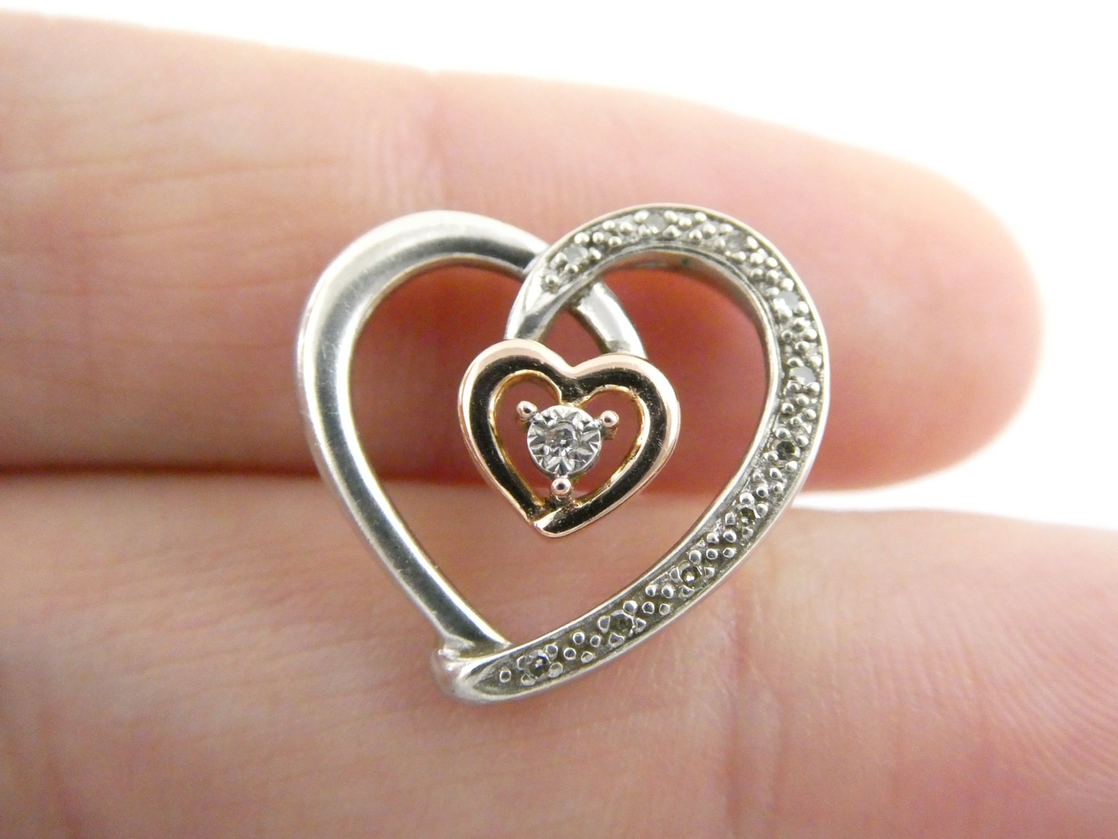 Designer Sterling Silver and 10k Gold Natural Diamond Heart Pendant 2.5g .75 In