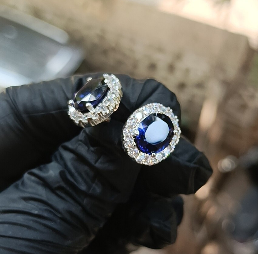 1.20Ct Oval Cut Lab-Created Sapphire Halo Stud Earrings 14K White Gold Plated