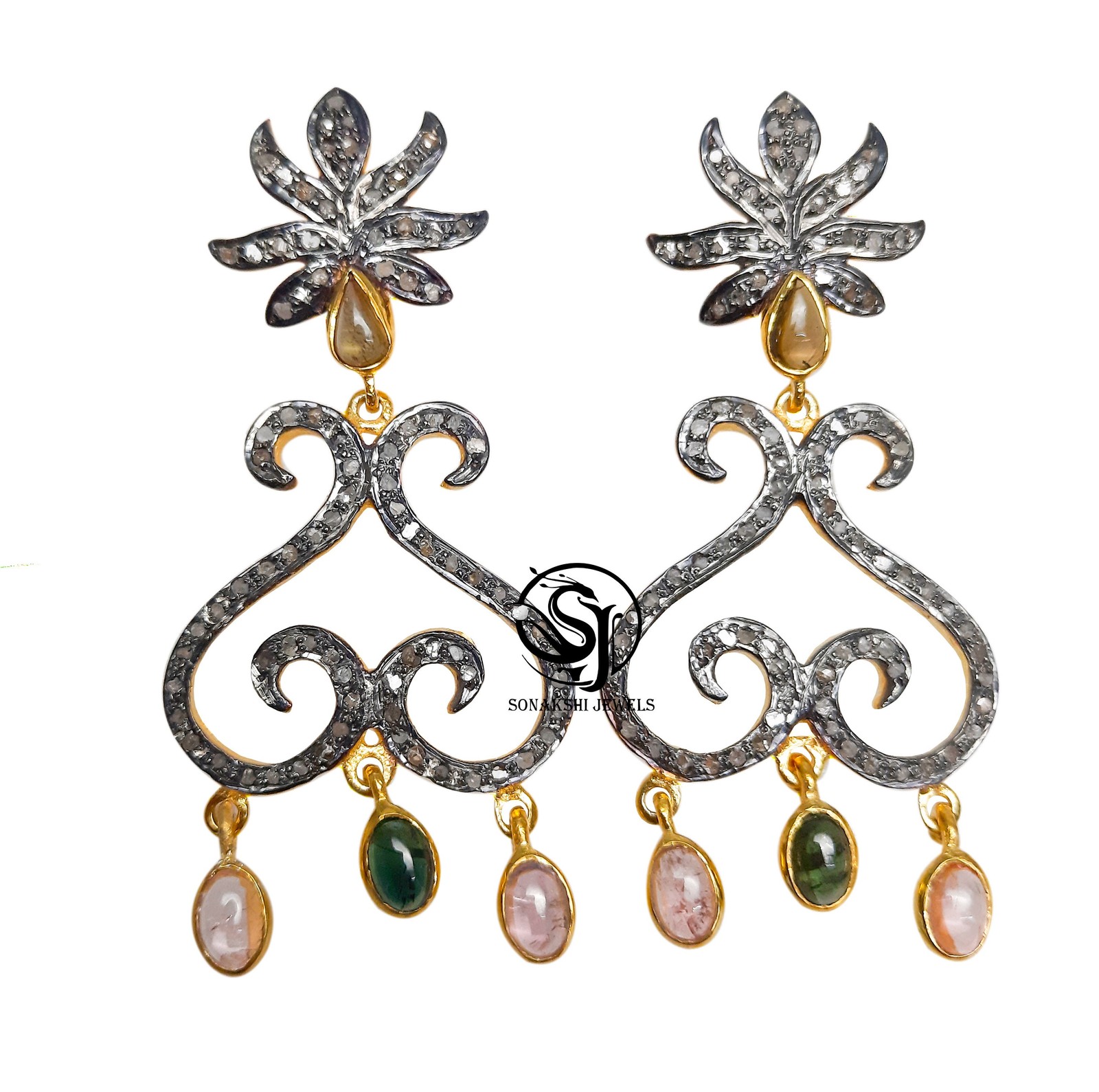 Diamond Tourmaline Earrings: 925 Sterling Silver Victorian Dangle Earring