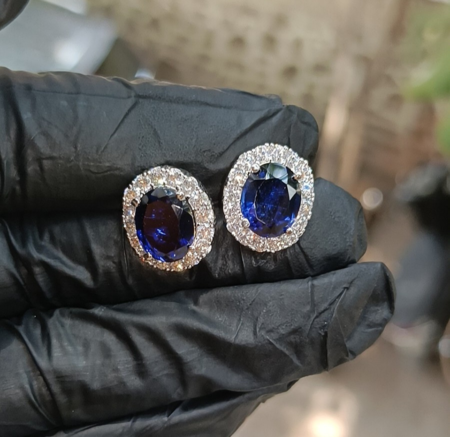 1.20Ct Oval Cut Lab-Created Sapphire Halo Stud Earrings 14K White Gold Plated