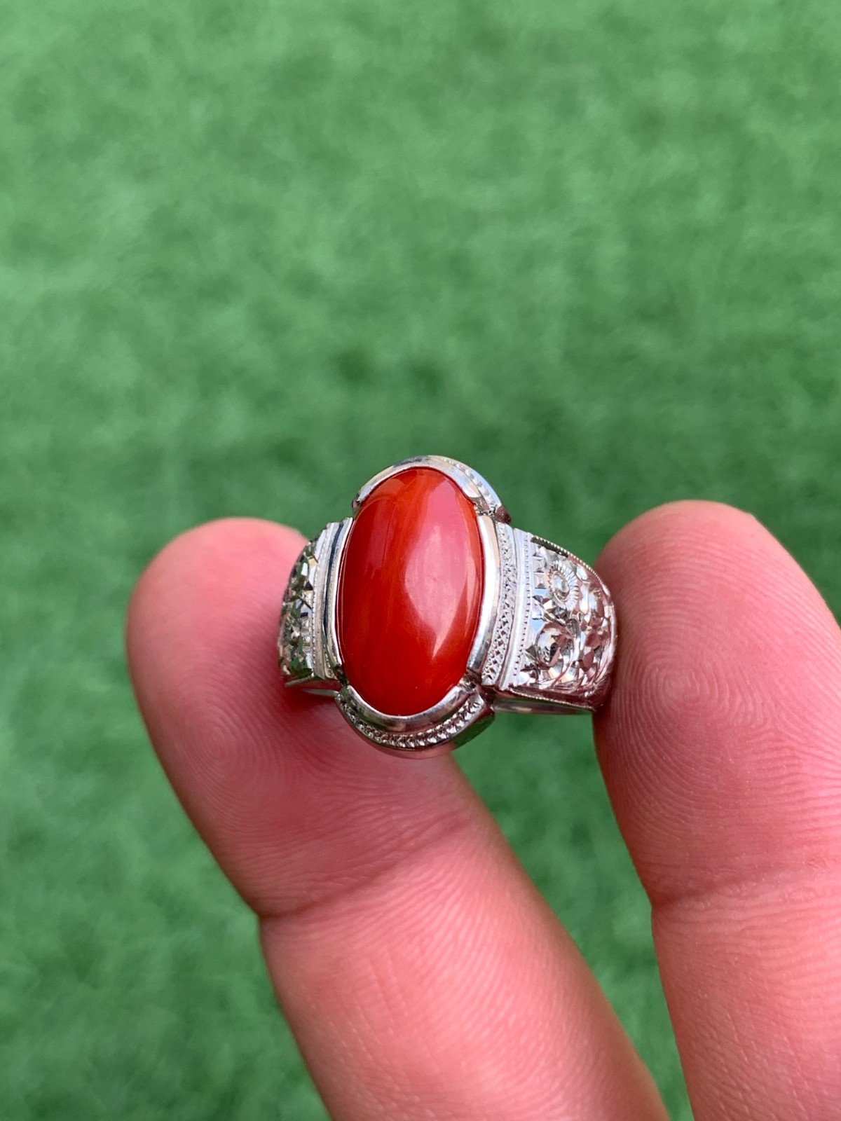 Natural 3.9 Carat Japanese Coral In Hand Made Hand Engraved Silver Ring