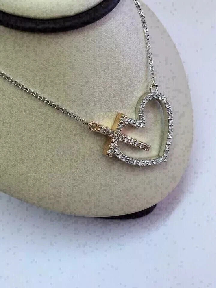 1 Ct Round Cut Real Moissanite Heart Cross Pendant 14K 2-Tone Gold Plated