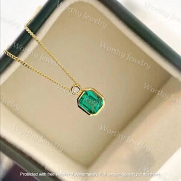 2Ct Emerald Cut Green Emerald Solitaire Pendant 14K Yellow Gold Over Free Chain