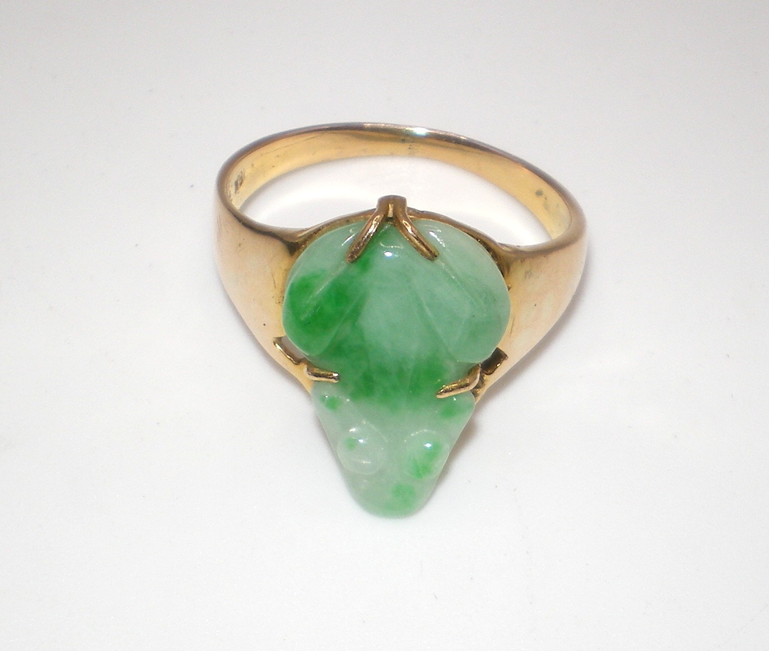 18K Carved FROG Jadeite * Green Jade Pixiu Ring Gold Coins ~ sz 6.75 ~ 3.0 gr