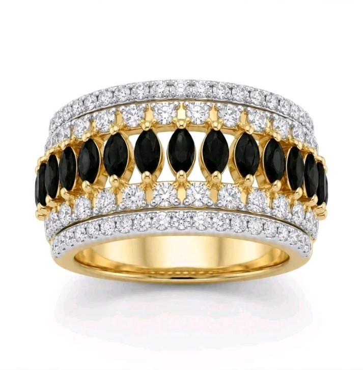14K Gold Plated 925 Silver Black Marquise Cocktail Ring Wide Eternity Band New