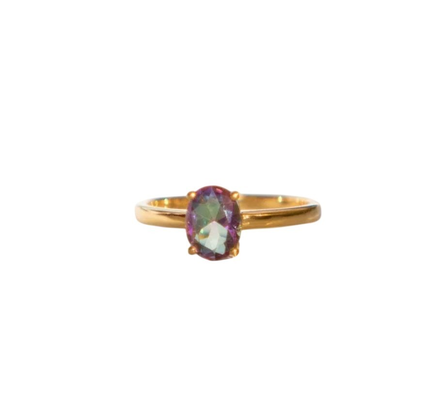 Solid 925 Sterling Silver Mystic Quartz Gemstone Gold Plated Ring S US 8 VJ-579
