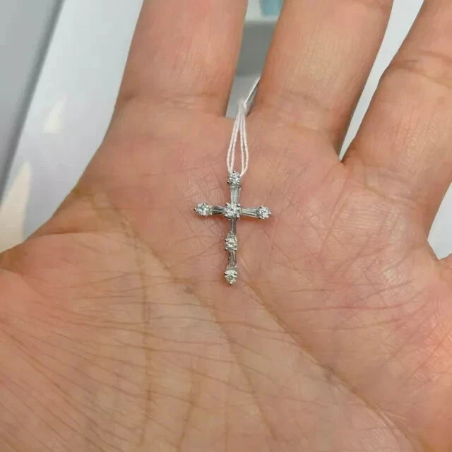 1.99Ct Baguette Cut Lab Created Diamond Cross Pendant 14K White Gold Plated