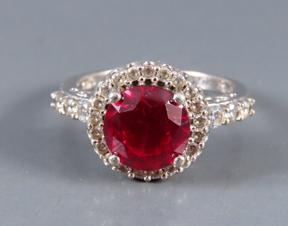 STERLING SILVER Cocktail Ring LAB CREATED DARK PINK/RED RUBY Cz Halo/Sides SZ 8