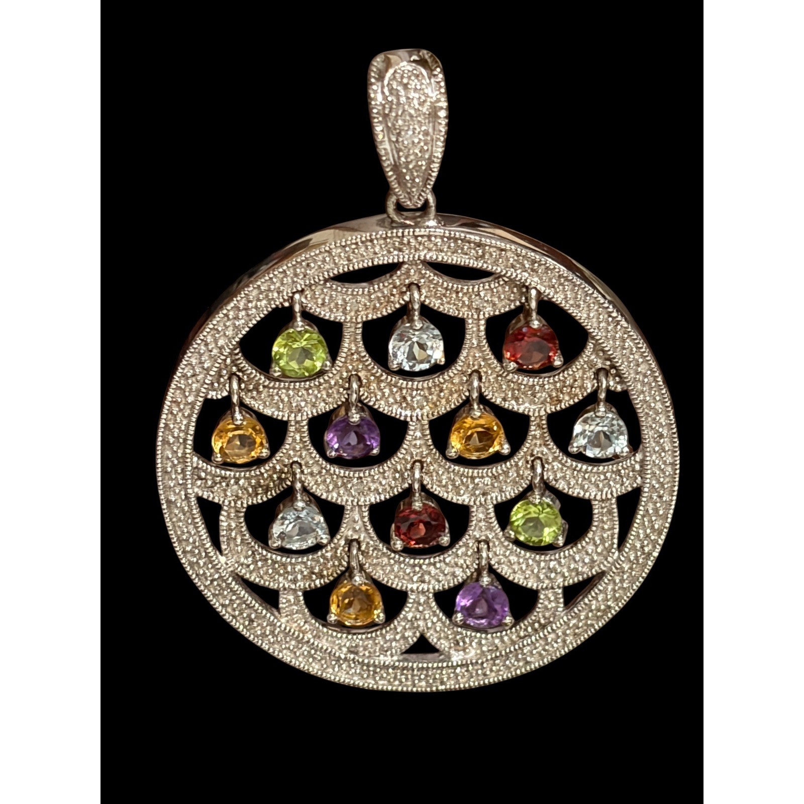 Unbranded 925 Sterling Silver Multi-Gemstone Scalloped Circle Pendant Large