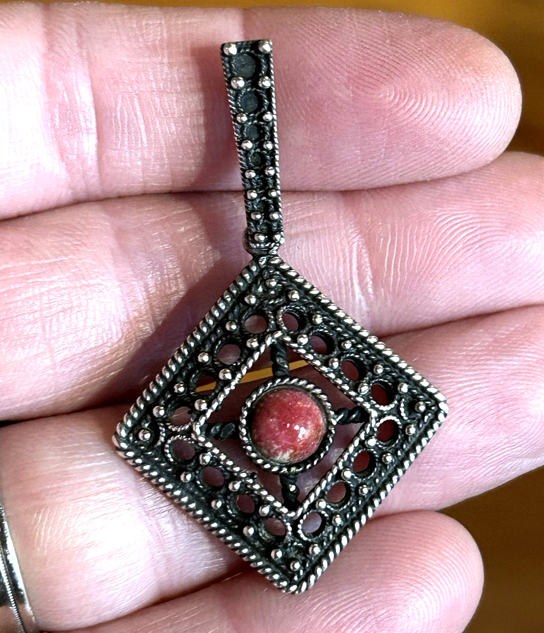 Mikkelborg Norway Sterling Silver 925S Pink Red Stone Pendant Beaded 2″