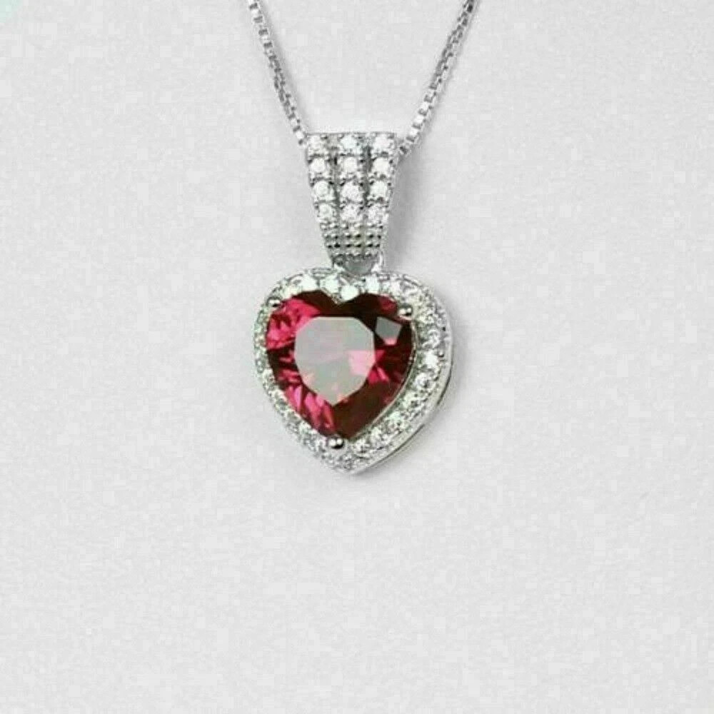 2Ct Heart Shape Red Ruby Gift For Women’s Pendant 14K White Gold Over Free Chain