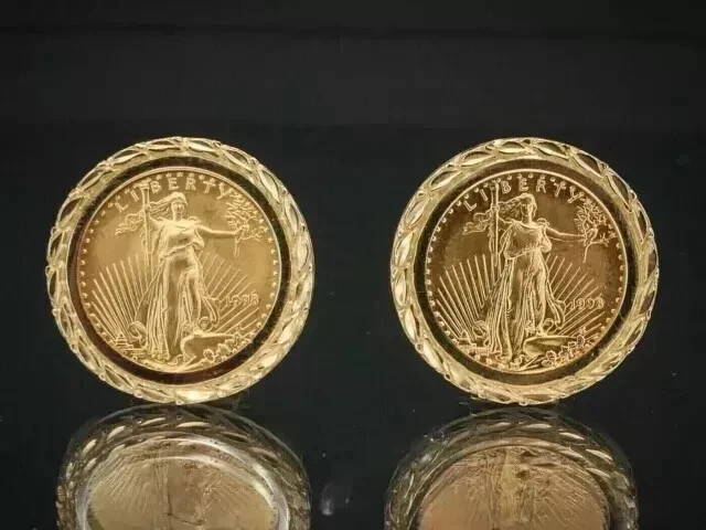 Without Stone 12 mm Coin Estate American Eagle Earrings 14K Yellow Gold Plated