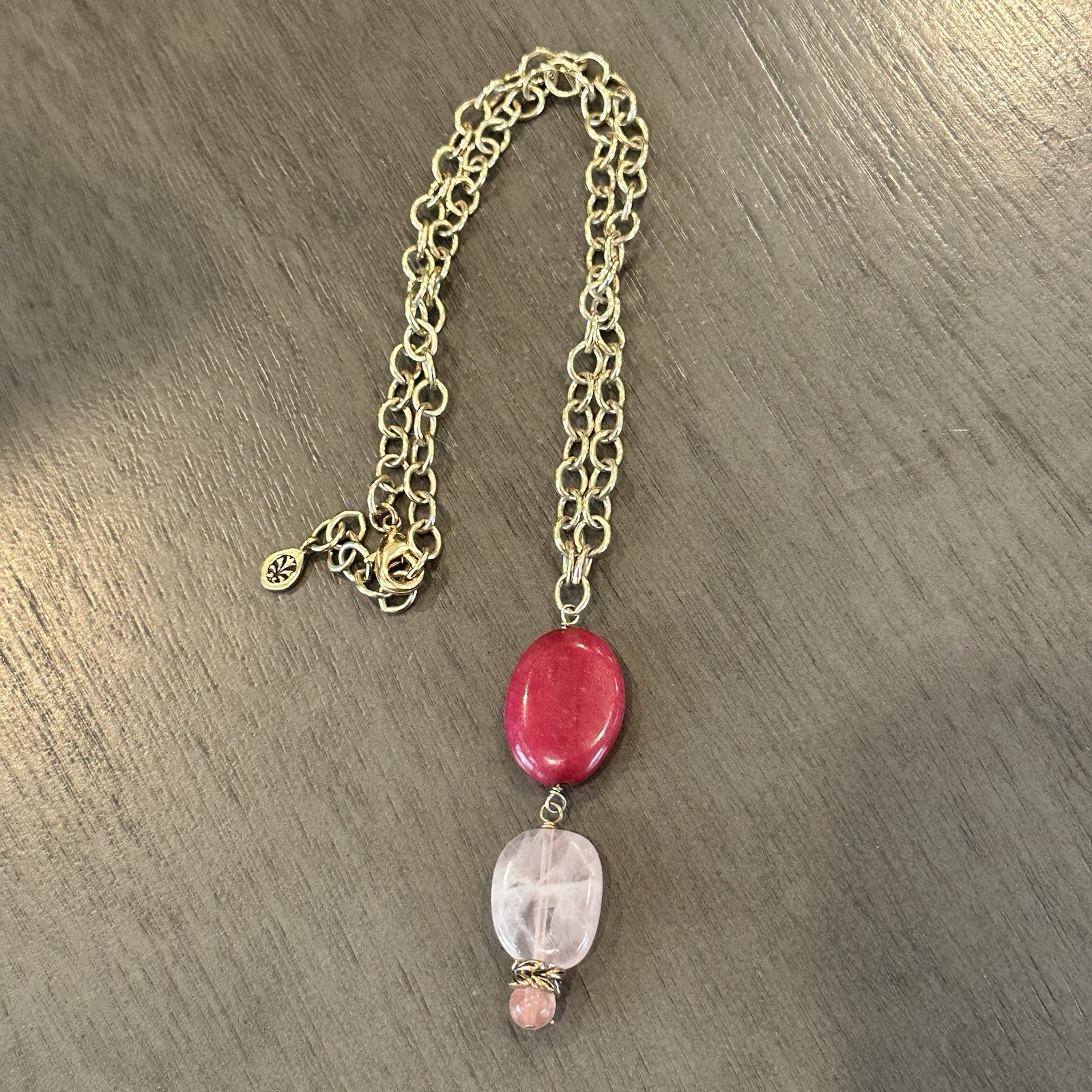 Studio Signed BARSE Natural Gemstone Pendant Necklace Pink Quartz Red Rhodonite