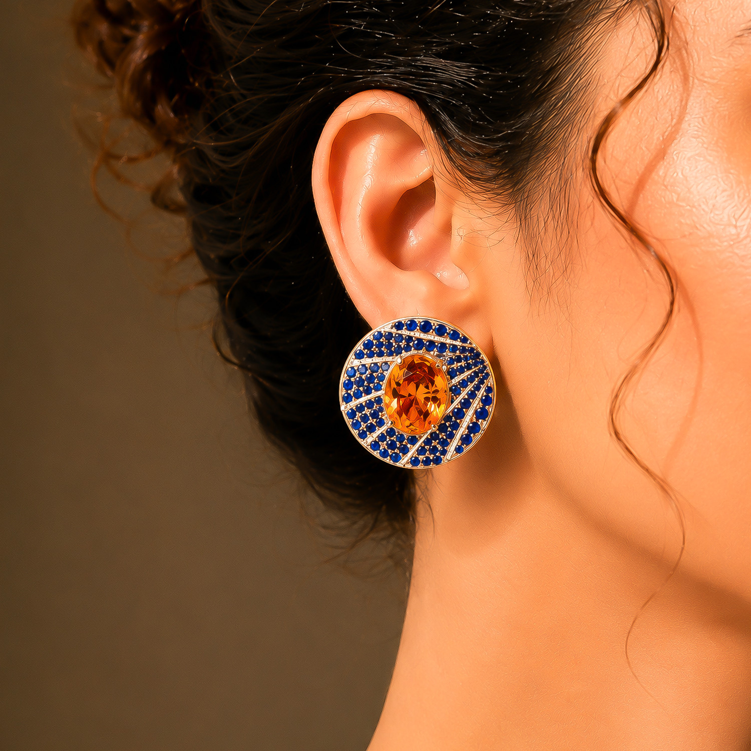 Orange & Blue Gemstone Hallmarked 925 Sterling Silver Stud | Statement Earrings