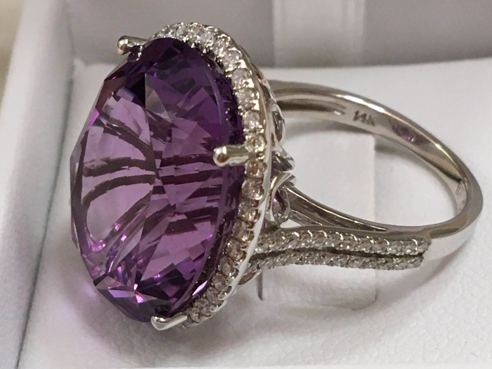 NIB MASSIVE 20 ct 19×16 mm Amethyst & .4 ct Diamond Ring 14K White Gold Size 6.5