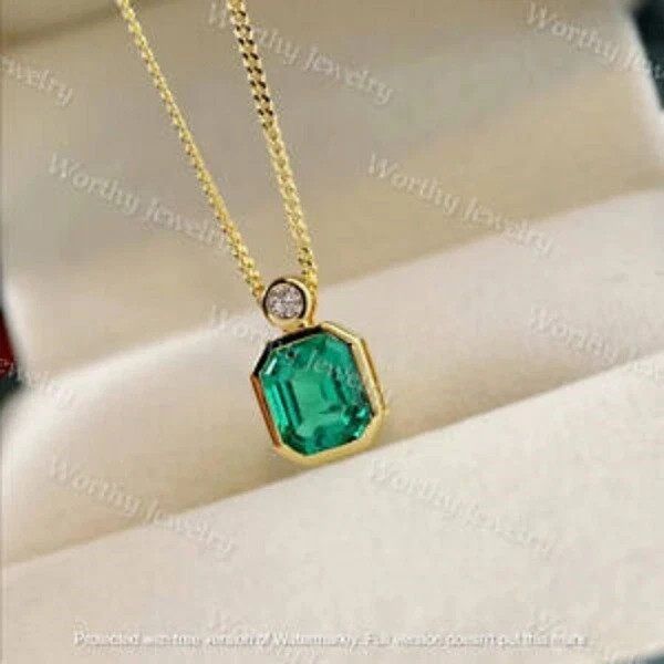 2Ct Emerald Cut Green Emerald Solitaire Pendant 14K Yellow Gold Over Free Chain