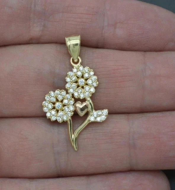 14K Yellow Gold Plated 0.60Ct Round Real Moissanite Two Flower Heart Pendant