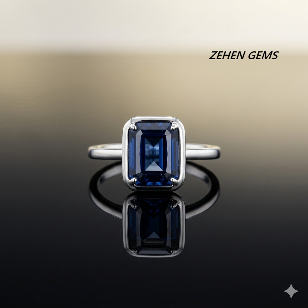 Lab created Blue Sapphire Ring Women Emerald Cut Solitaire Ring