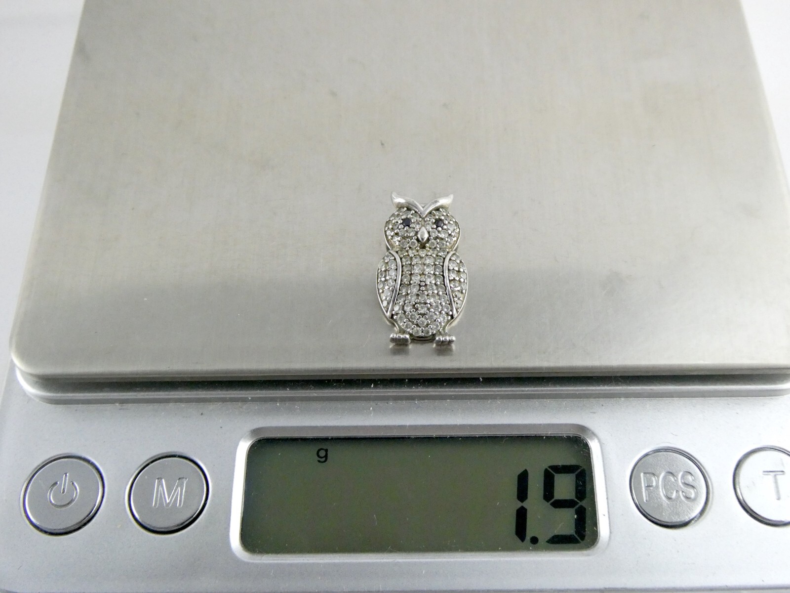 Sterling Silver White and Blue Crystal Pave Studded Owl Pendant 925 1.9g .75 In