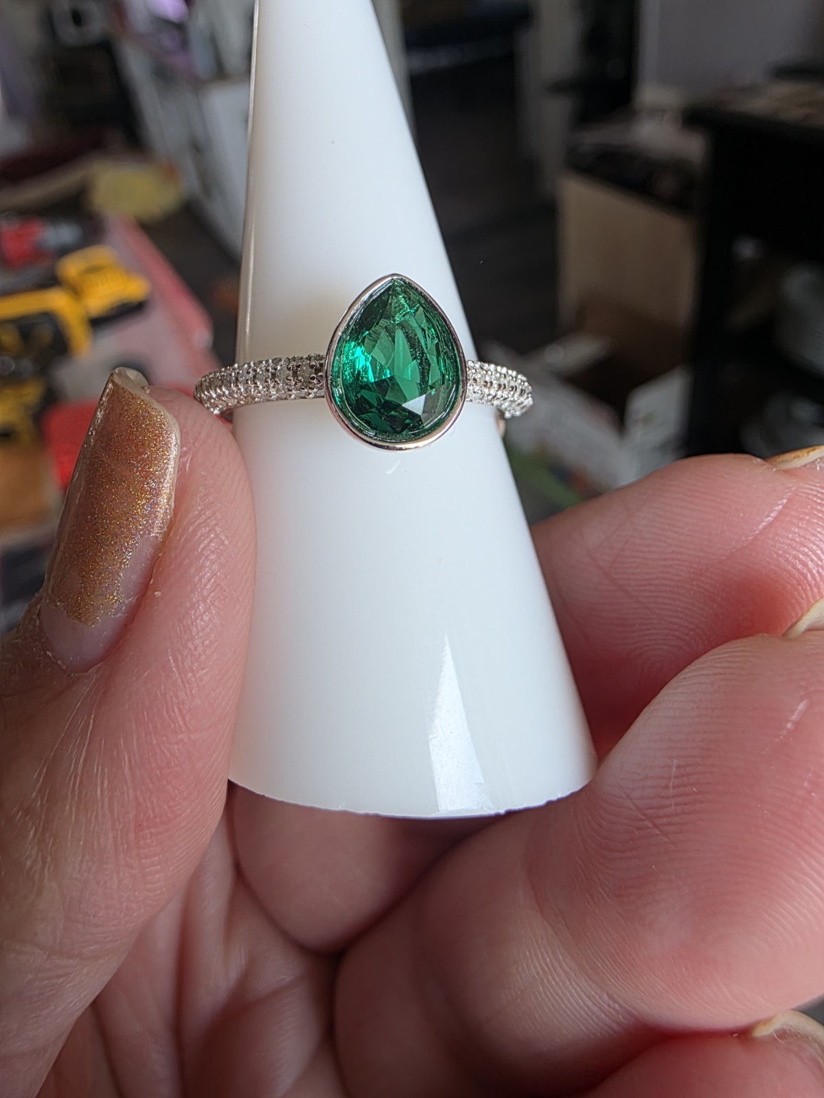 Lab-Created Pear Green Emerald & Diamond 925 Sterling Silver Bezel Ring 7