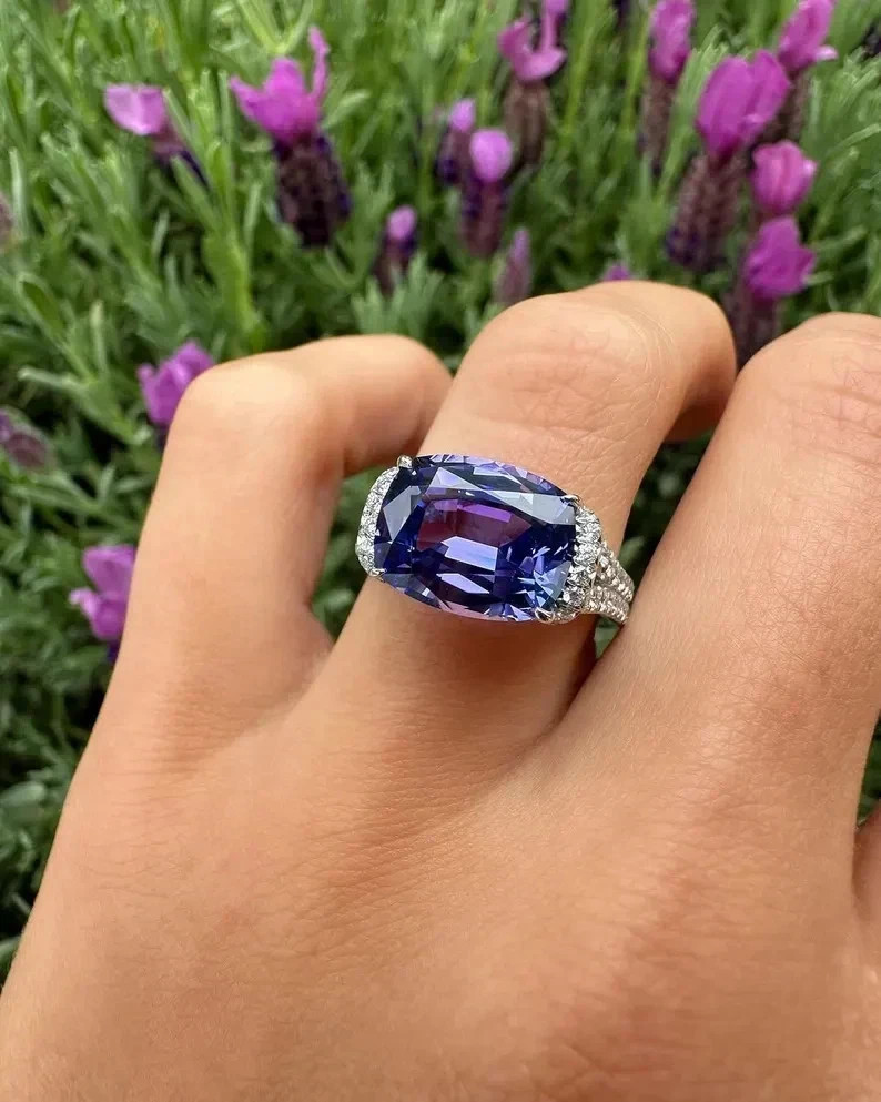 4.80 Ct Cushion Cut Natural Tanzanite & Diamond Wedding Ring 14K White Gold