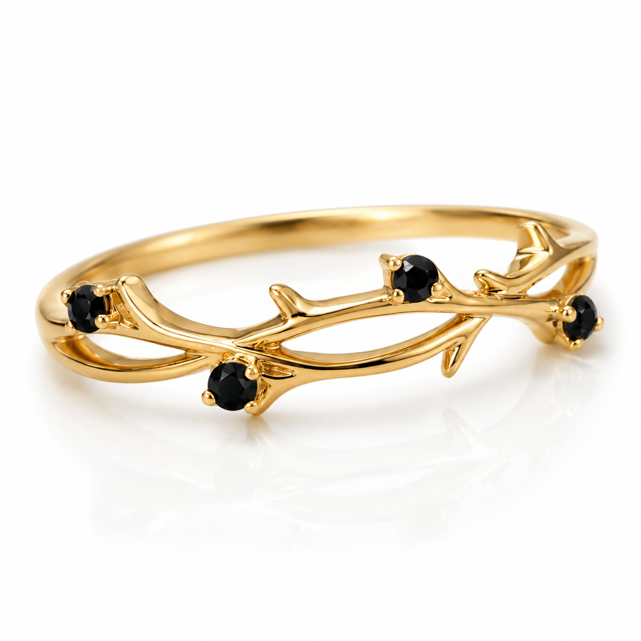 18K Gold Plated Black Onyx Leaf Vine Ring 925 Sterling Silver Handmade