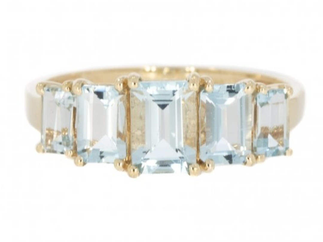 9ct yellow gold 5 emerald cut aquamarines ring art deco style
