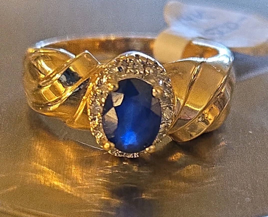 Estate 14k Solid Gold Natural Sapphire & Diamond Halo Ring Size 7.75, 3.8 grams