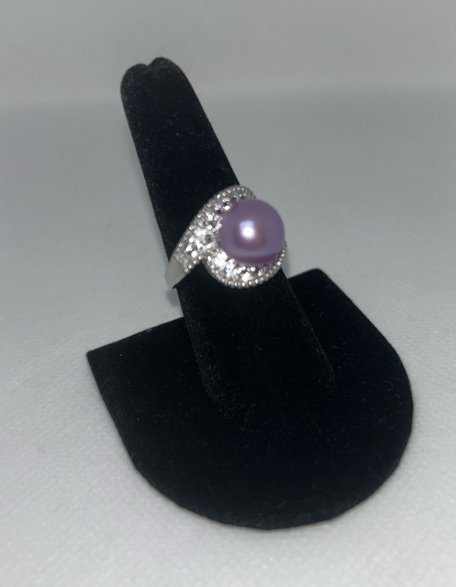 925 Sterling Silver Purple Round Pearl Halo Ring Size 7 Signed 2mm Band