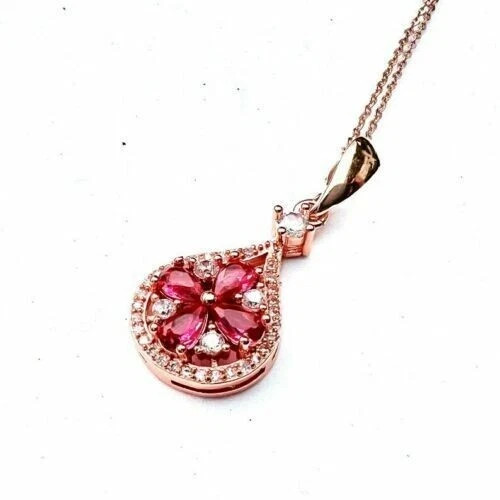 1.50Ct Pear Cut Red Ruby Flower Women’s Pendant 14K Rose Gold Finish Free Chain