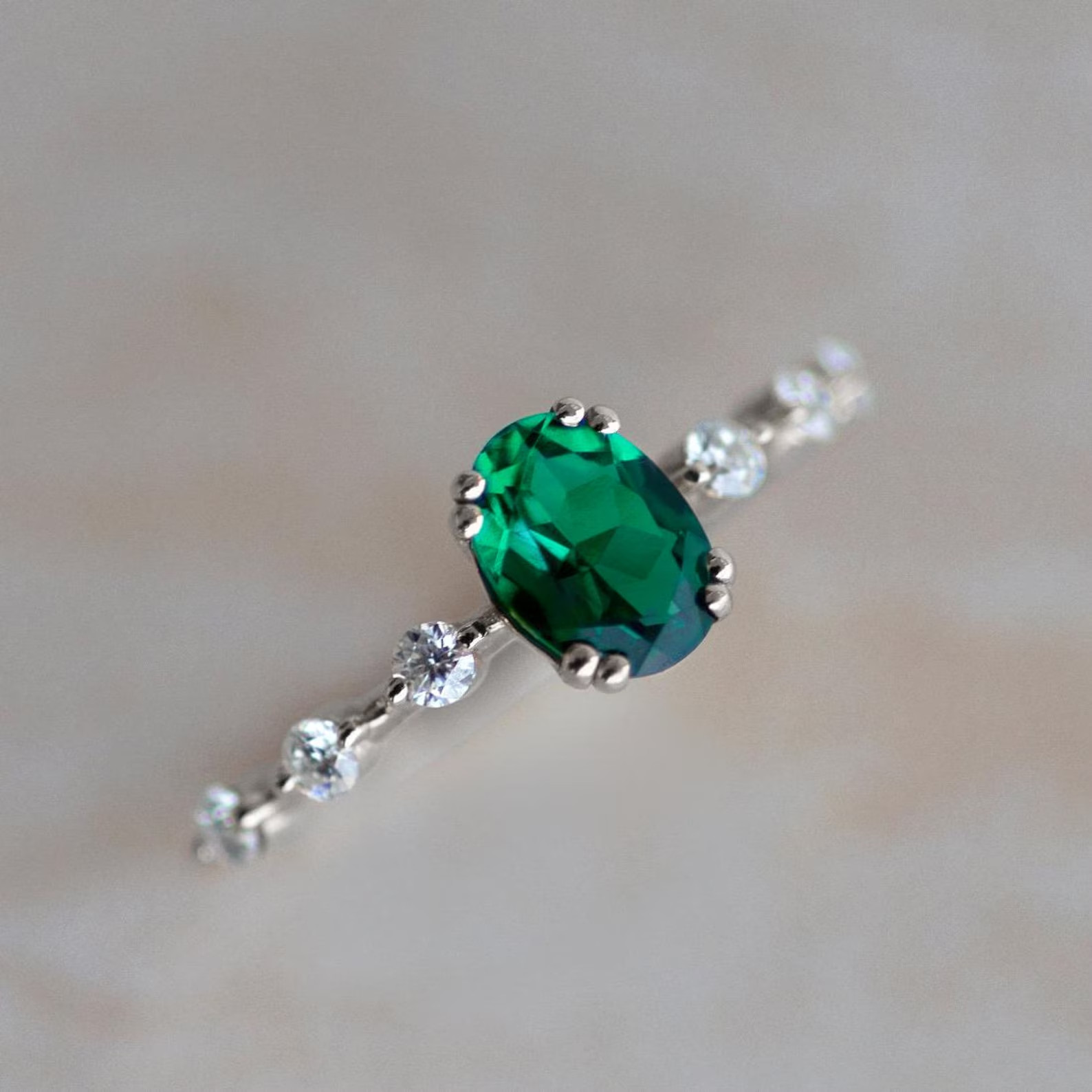 3.00 Ct Oval Natural Emerald & Diamond Anniversary Ring 14K White Gold Size 6,7