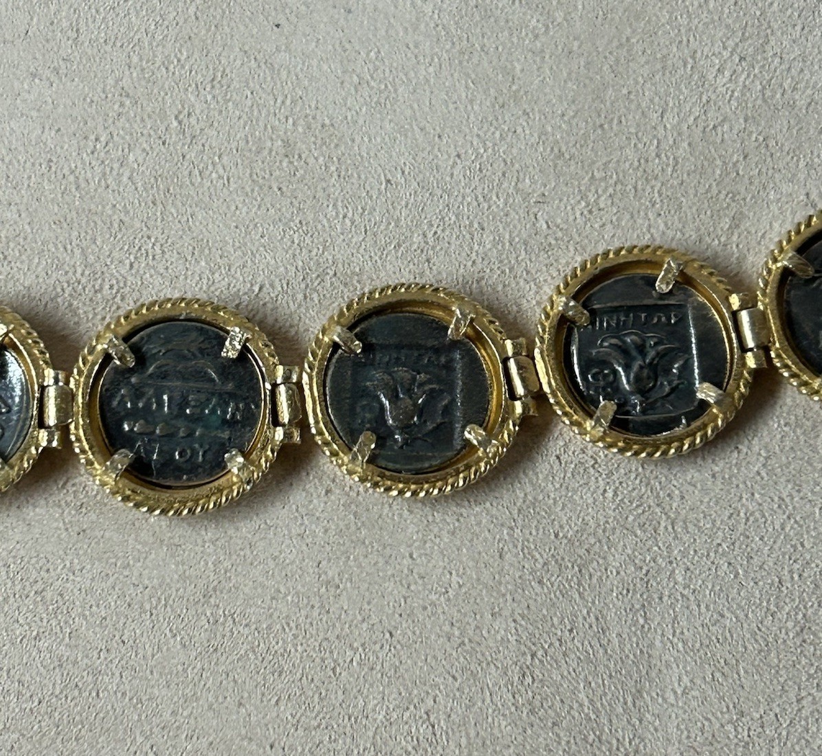 Sterling Silver Vermeil Ancient Greek Coins Link Bracelet 7.25 “