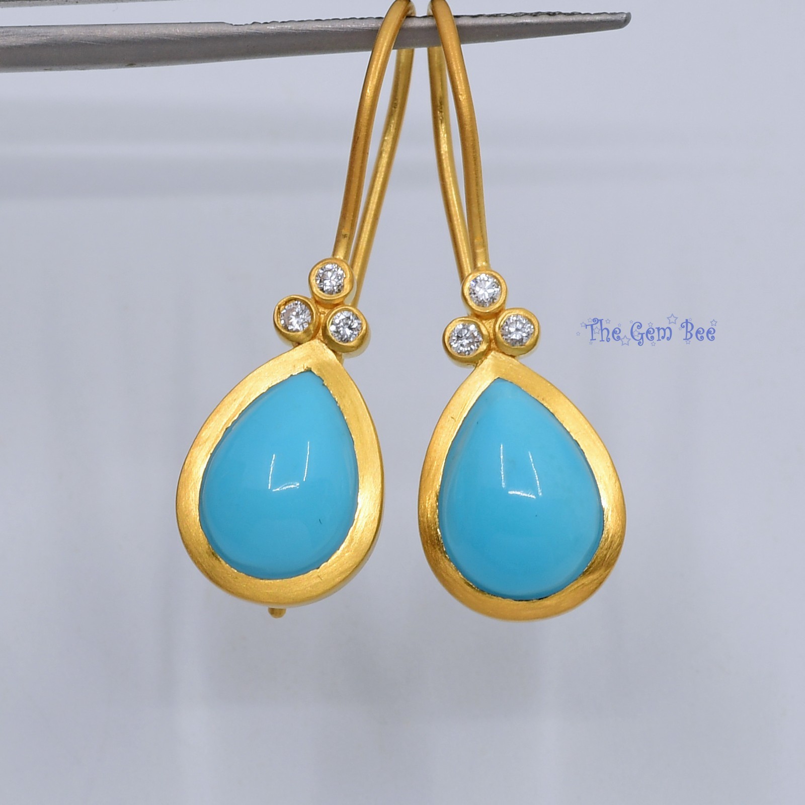 18k Solid Yellow Gold Fine Sleeping Beauty Turquoise Natural Diamond Earrings