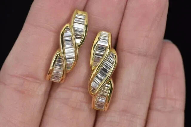 Lab-Created Diamond Omega Back Earrings Yellow Gold Plated 2.23Ct Baguette Cut