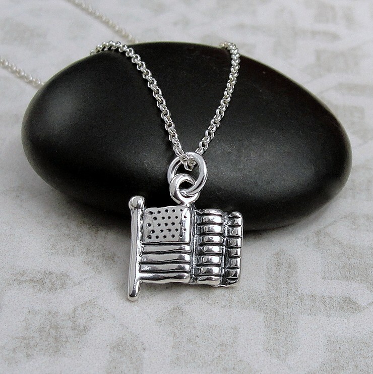 925 Sterling Silver USA Flag Necklace – Patriotic Necklace – United States Charm