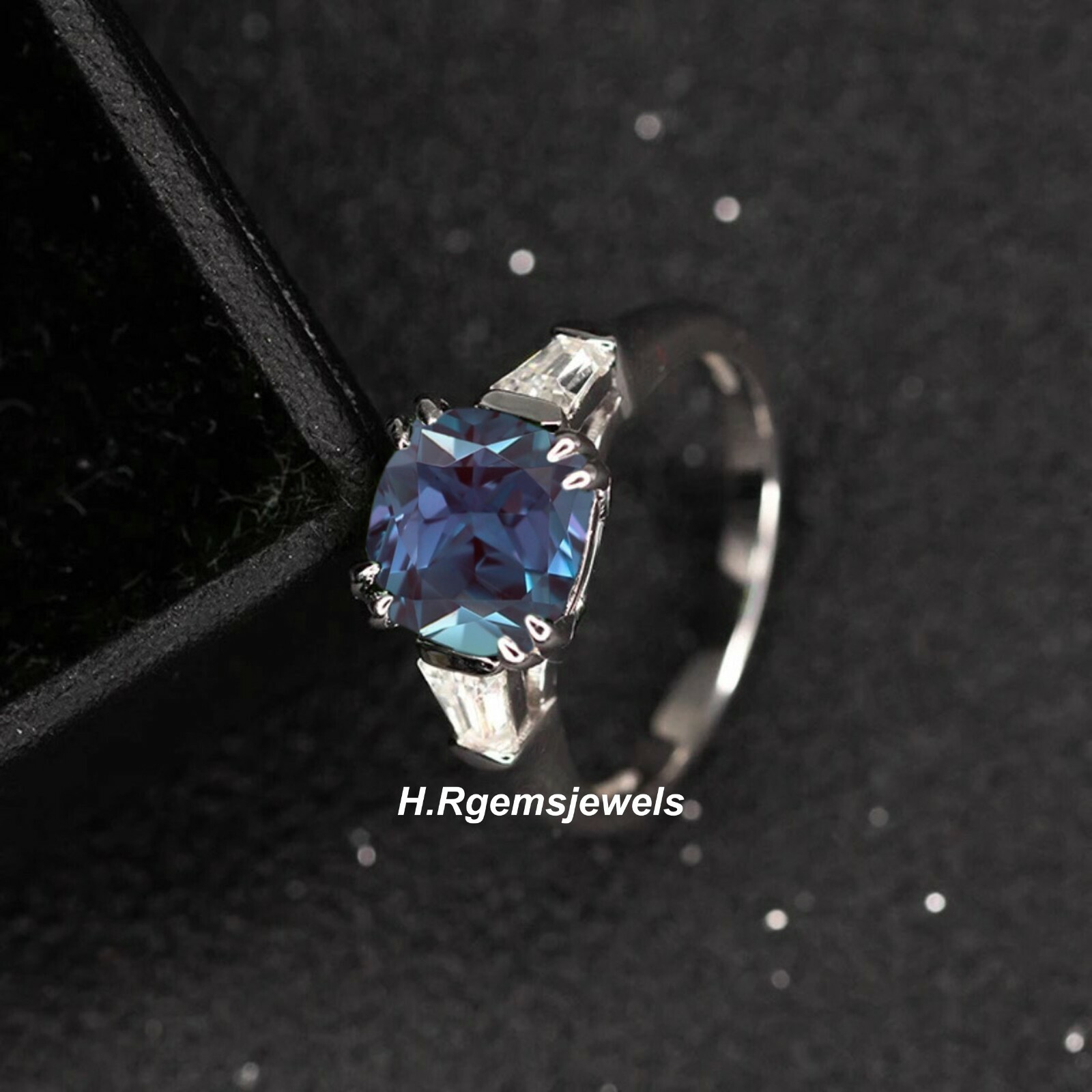 Cushion Cut Alexandrite Ring Color Changing Stone Ring 925 Sterling Silver Ring