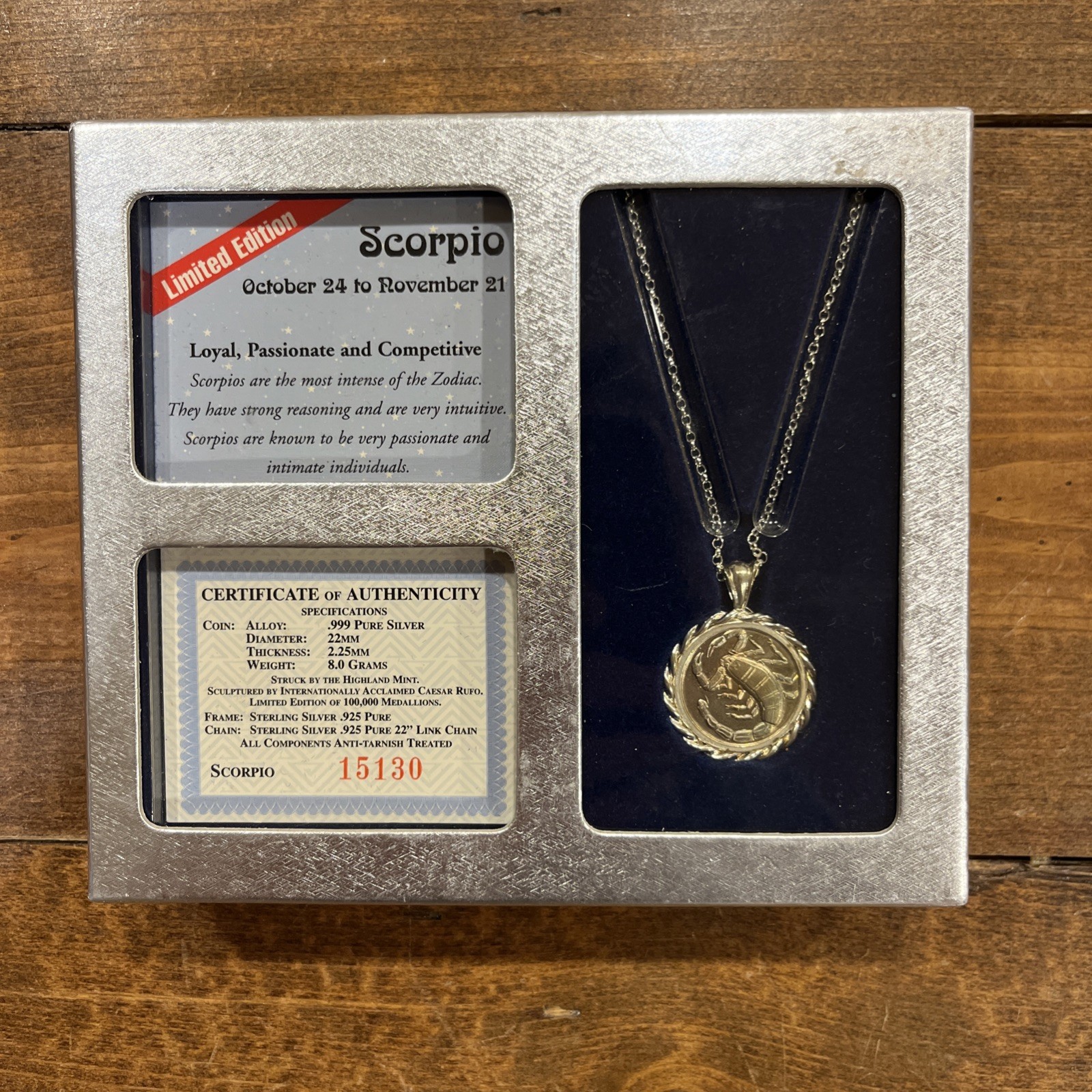Highland Mint Scorpio Zodiac .999 Silver Medallion Necklace Caesar Rufo 8 Grams