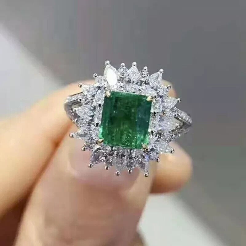 Asscher Cut Lab Created Emerald Diamond Engagement Ring 14K White Gold Finish