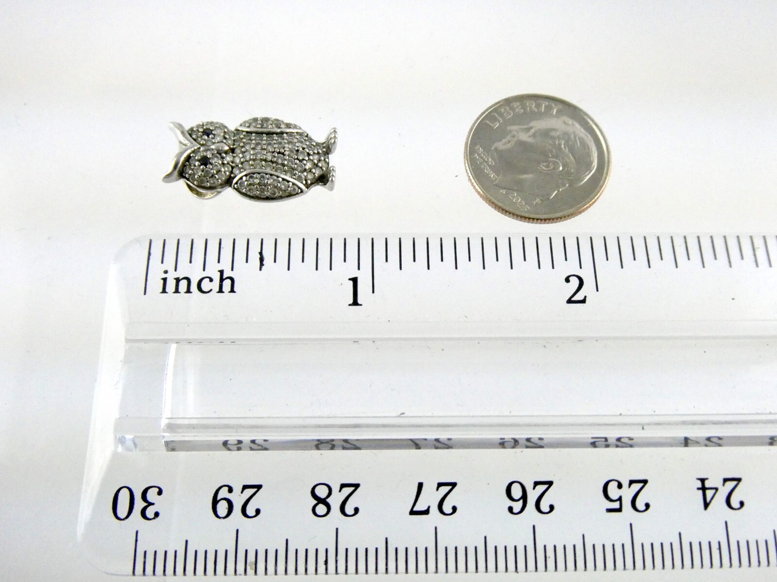 Sterling Silver White and Blue Crystal Pave Studded Owl Pendant 925 1.9g .75 In