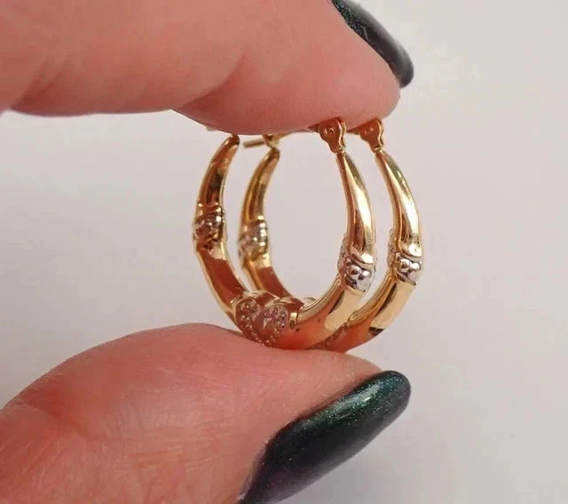 14K Yellow Gold Plated Delicate Vintage Women Estate Petite Heart Hoop Earrings
