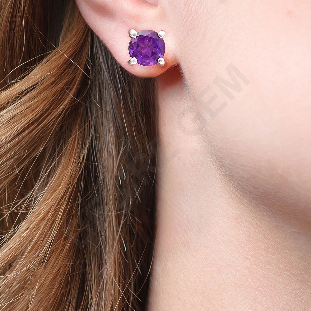 Natural Gemstones Round Shape 925 Silver Stud Earrings DGE1073 E-1017