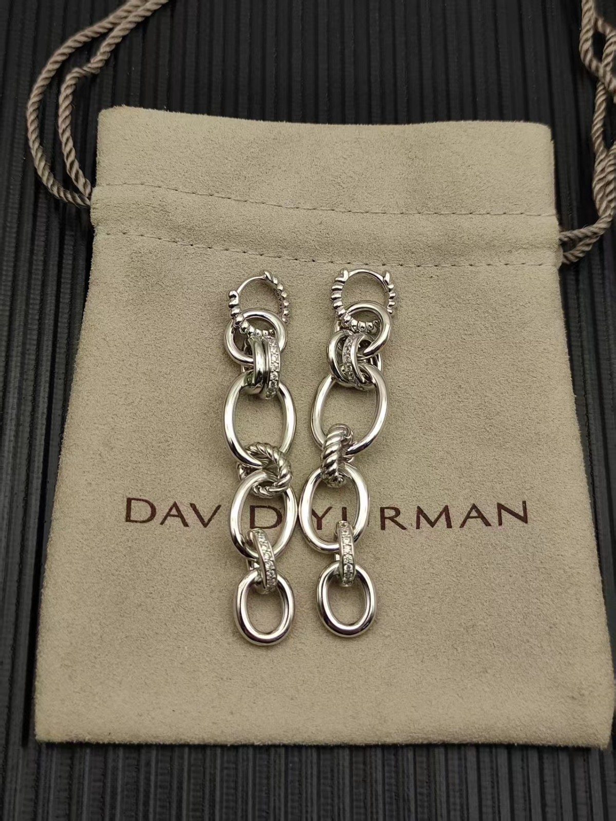 David Yurman 925 Silver Twisted Cable Chain Link Diamond Accent Drop Earrings