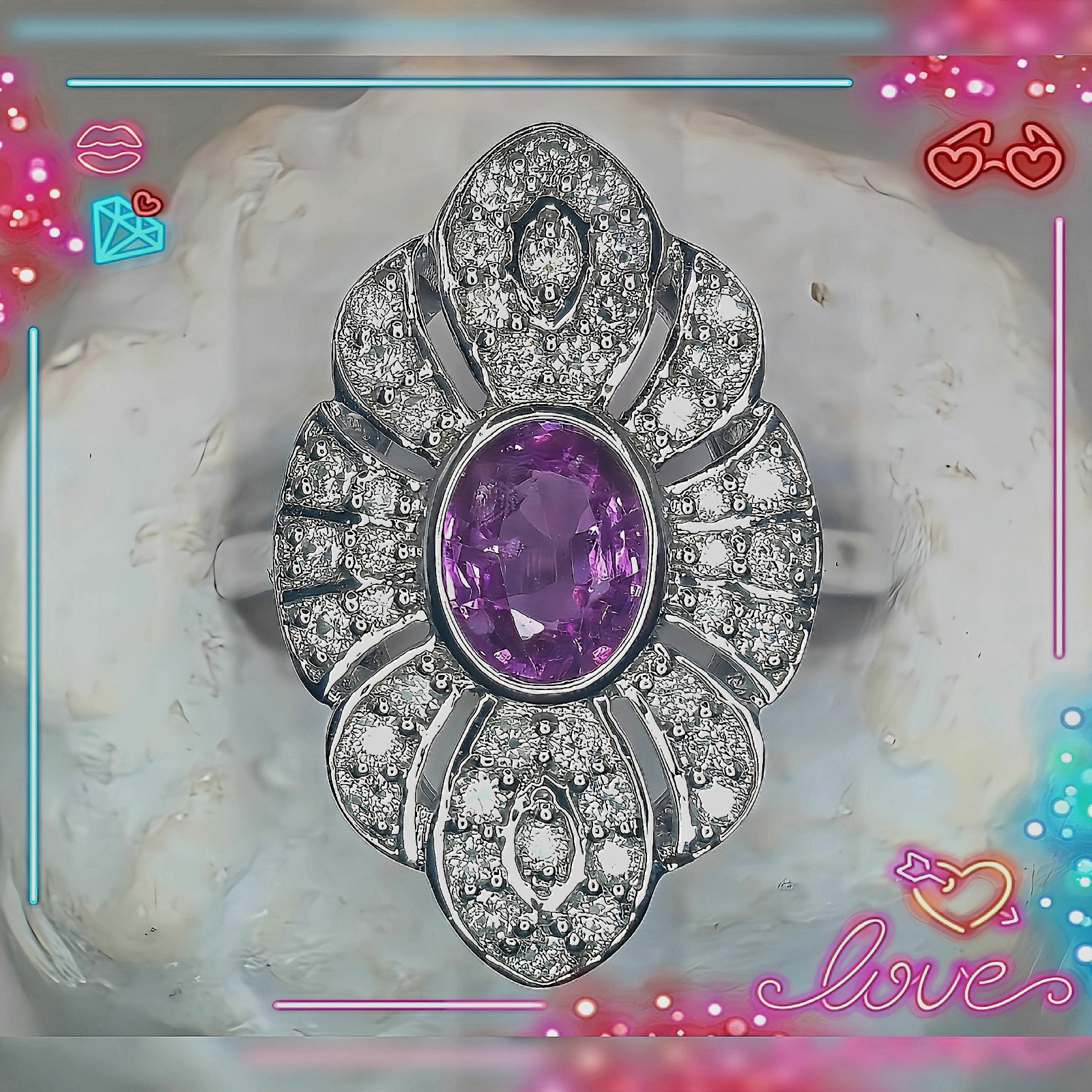 ​💗 Natural Pink Ceylon Sapphire & Diamond Contemporary Art Deco Ring In 14ct…