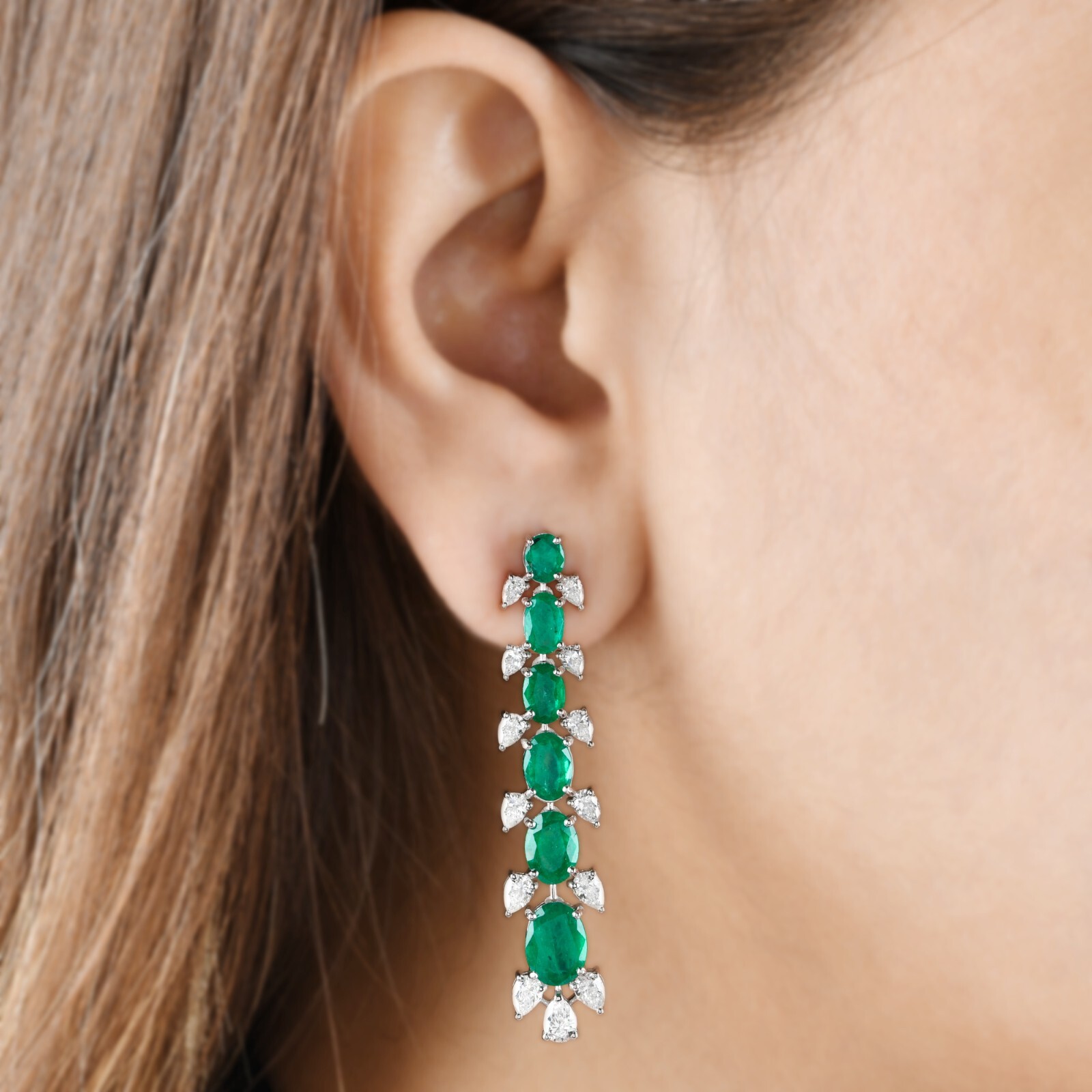 10.35 TCW H/SI Diamond Zambian Emerald Dangle Earrings Jewelry 14k White Gold