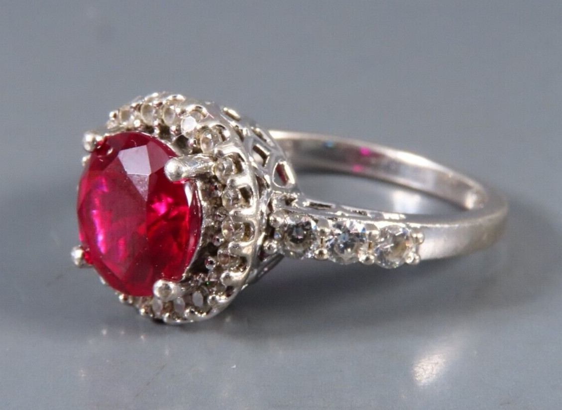 STERLING SILVER Cocktail Ring LAB CREATED DARK PINK/RED RUBY Cz Halo/Sides SZ 8