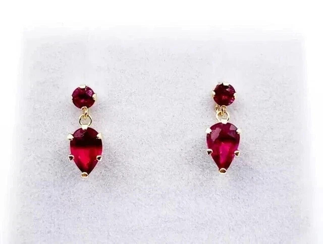 14k Yellow Gold Plated 2Ct Pear Cut Lab-Created Red Ruby Women’s Drop Earrings